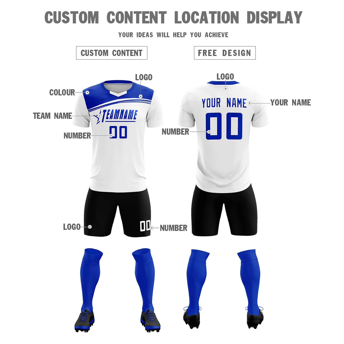 Custom White Royal Blue Personalized Men Soccer Sets Jersey