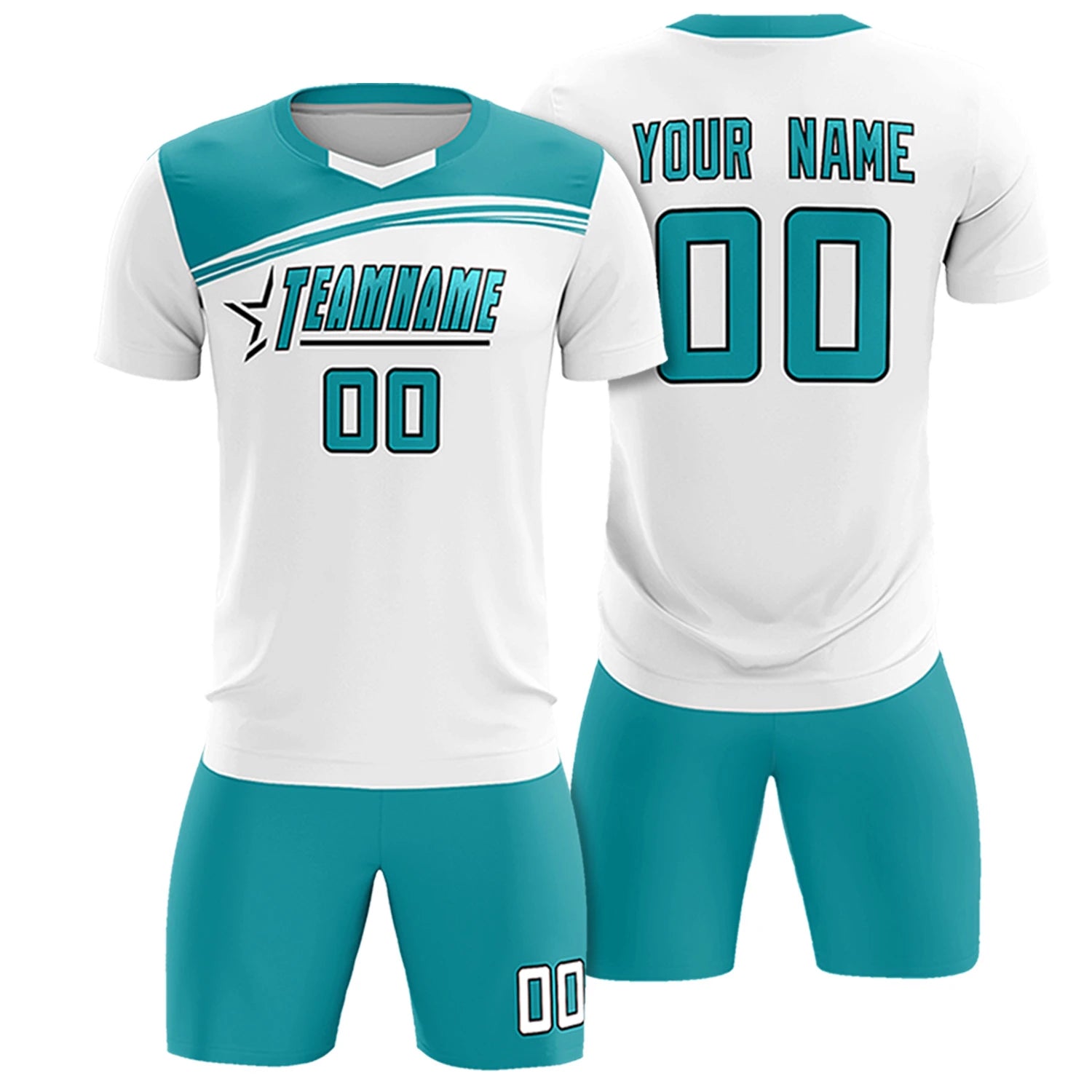 Custom White Aqua Personalized Men Soccer Sets Jersey