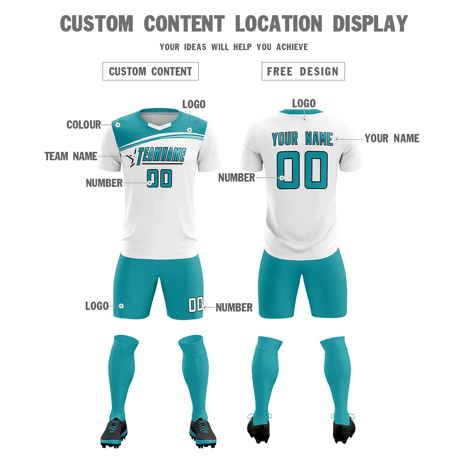 Custom White Aqua Personalized Men Soccer Sets Jersey