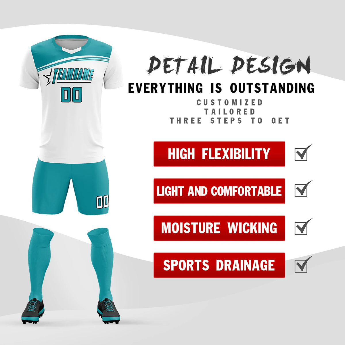 Custom White Aqua Personalized Men Soccer Sets Jersey