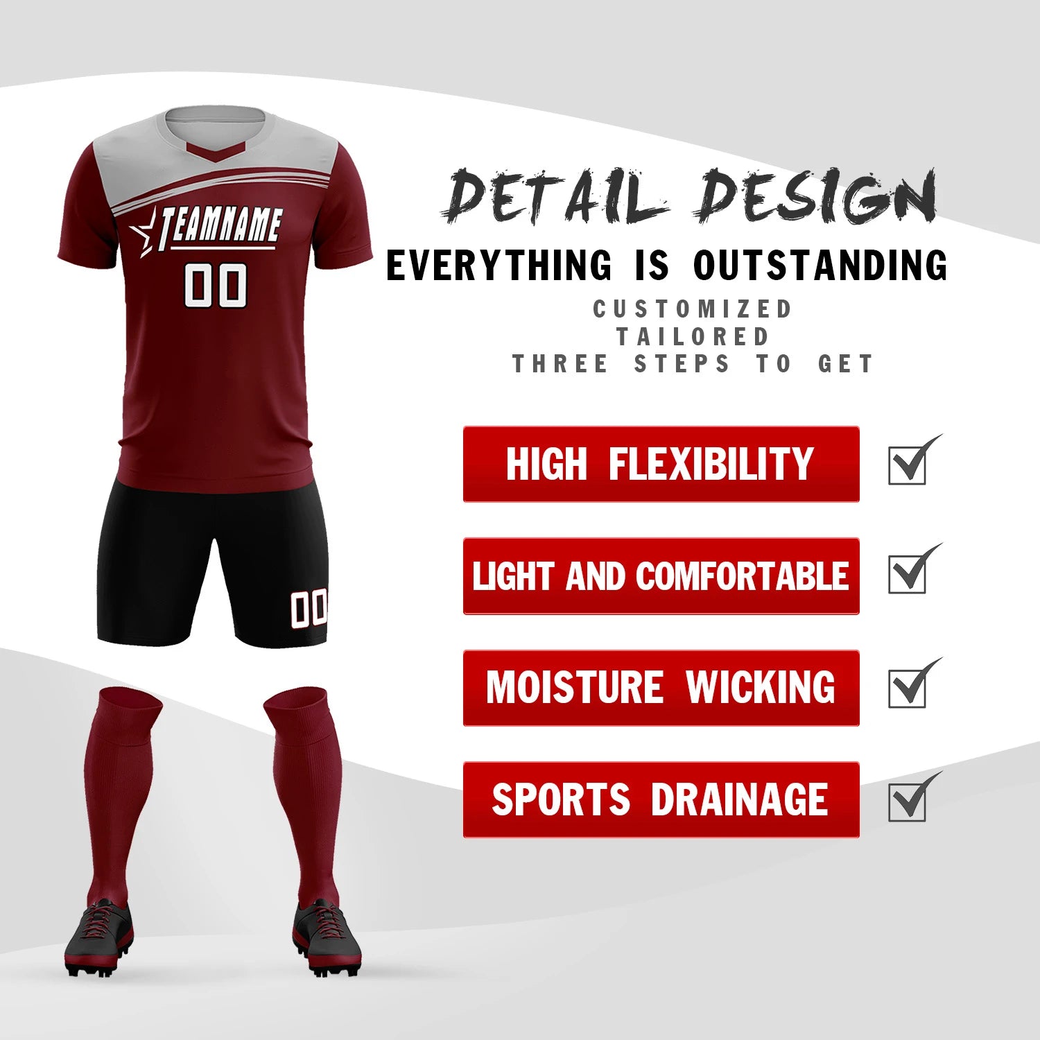 Custom Crimson Gray Personalized Men Soccer Sets Jersey