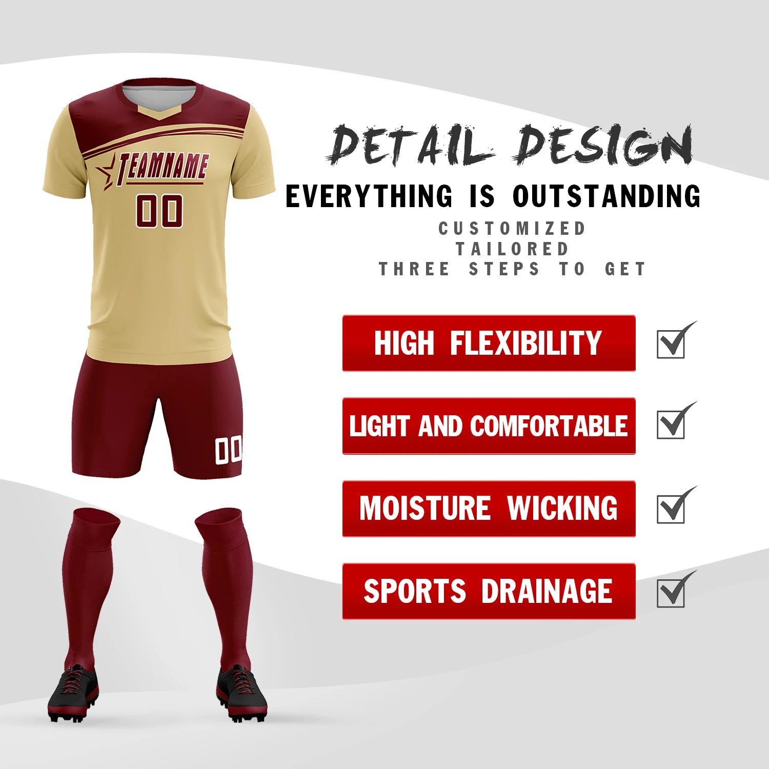 Custom Khaki Crimson Personalized Men Soccer Sets Jersey
