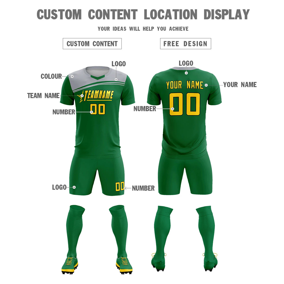 Custom Kelly Green Gray Personalized Men Soccer Sets Jersey