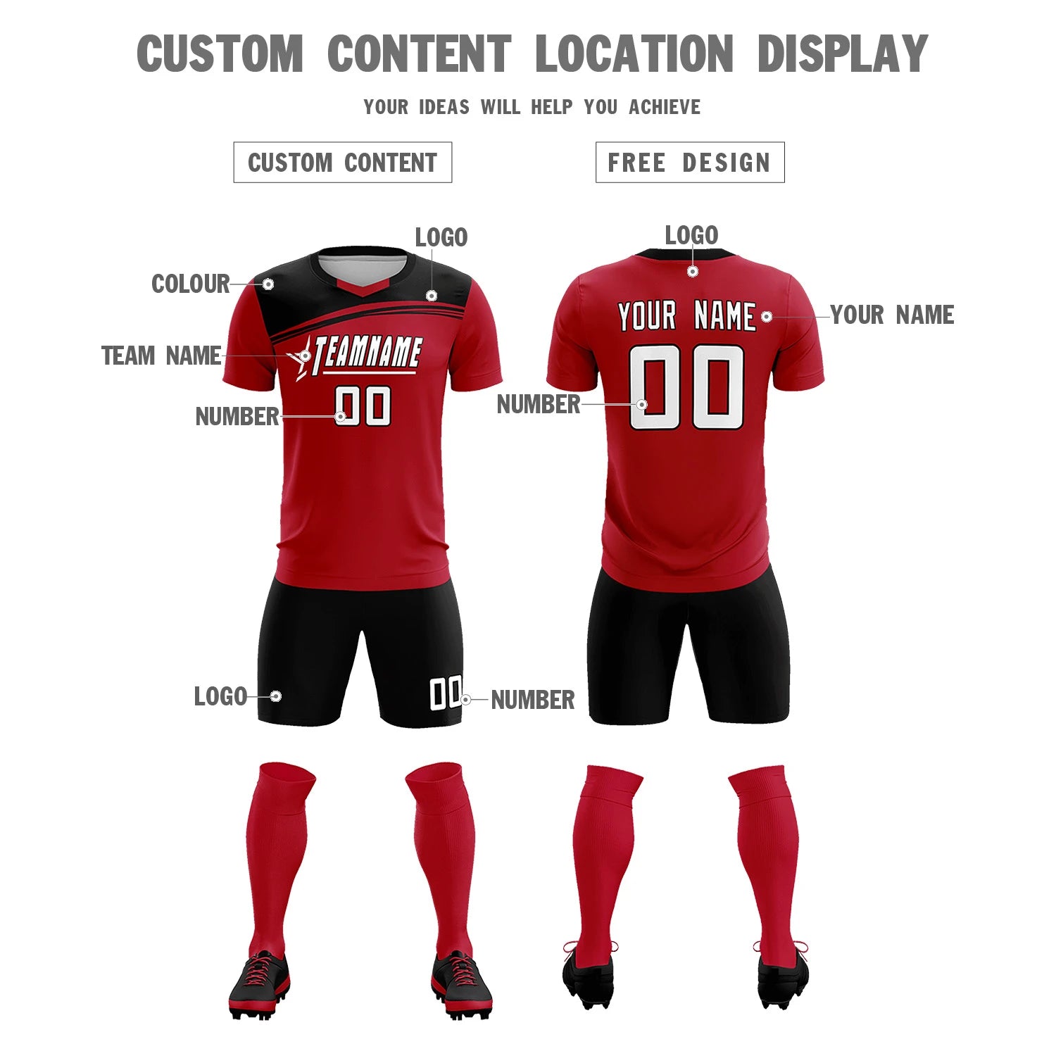Custom Red Black Personalized Men Soccer Sets Jersey