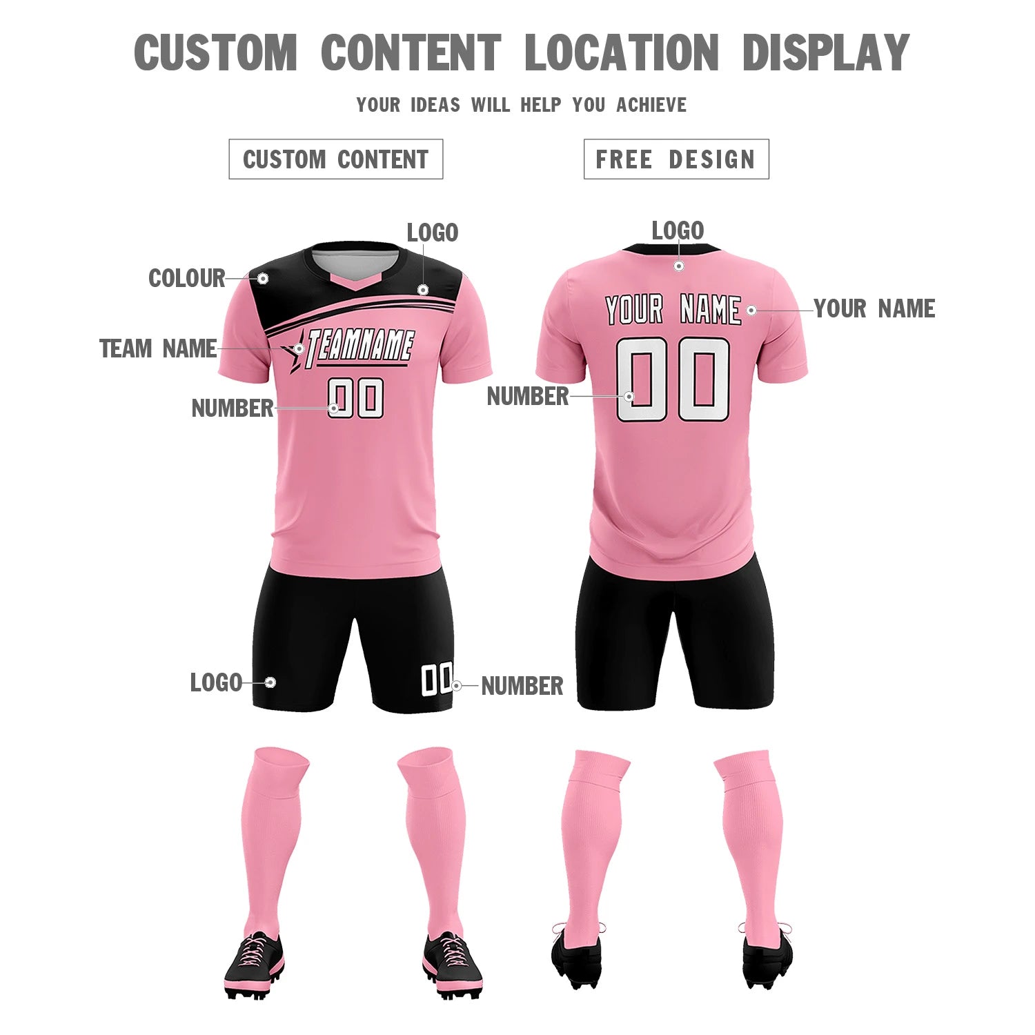Custom Light Pink Black Personalized Men Soccer Sets Jersey