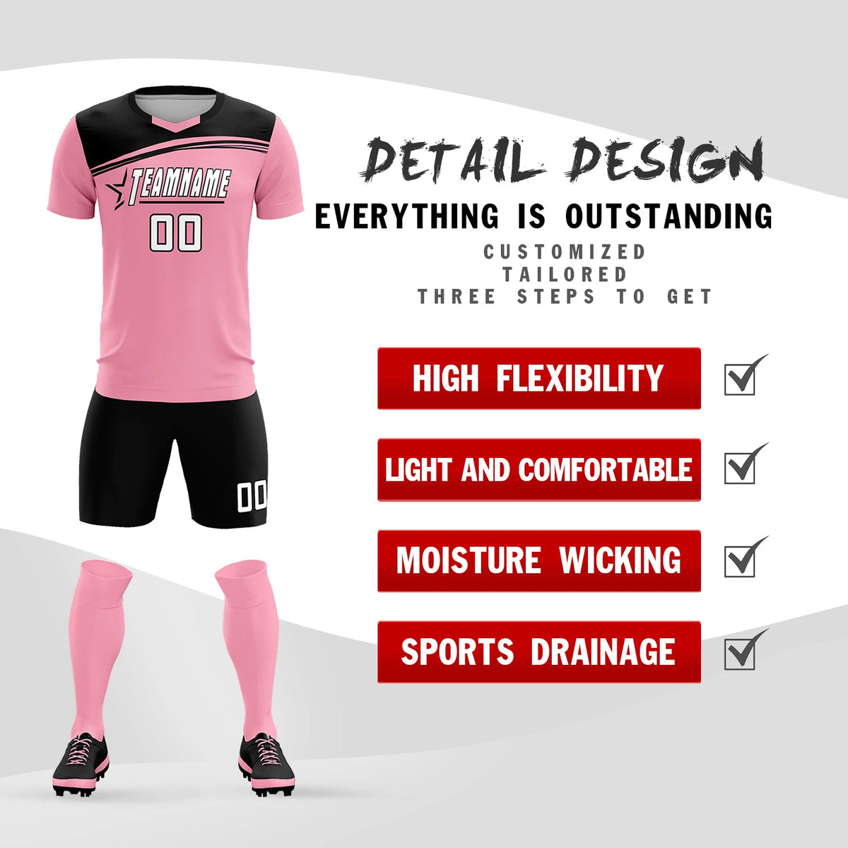 Custom Light Pink Black Personalized Men Soccer Sets Jersey