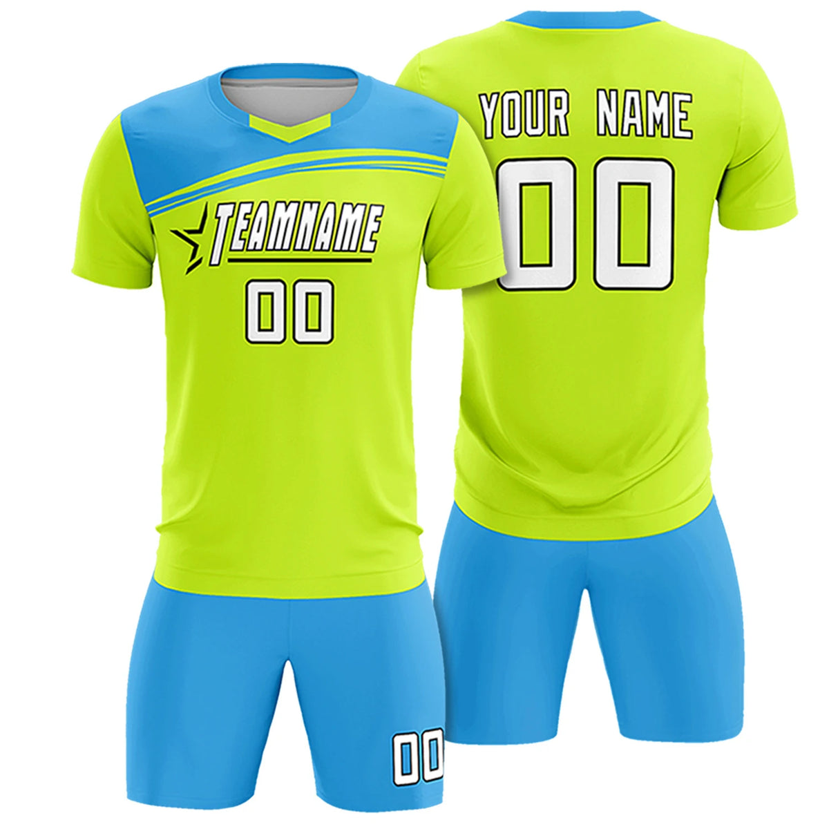 Custom Neon Green Powder Blue Personalized Men Soccer Sets Jersey