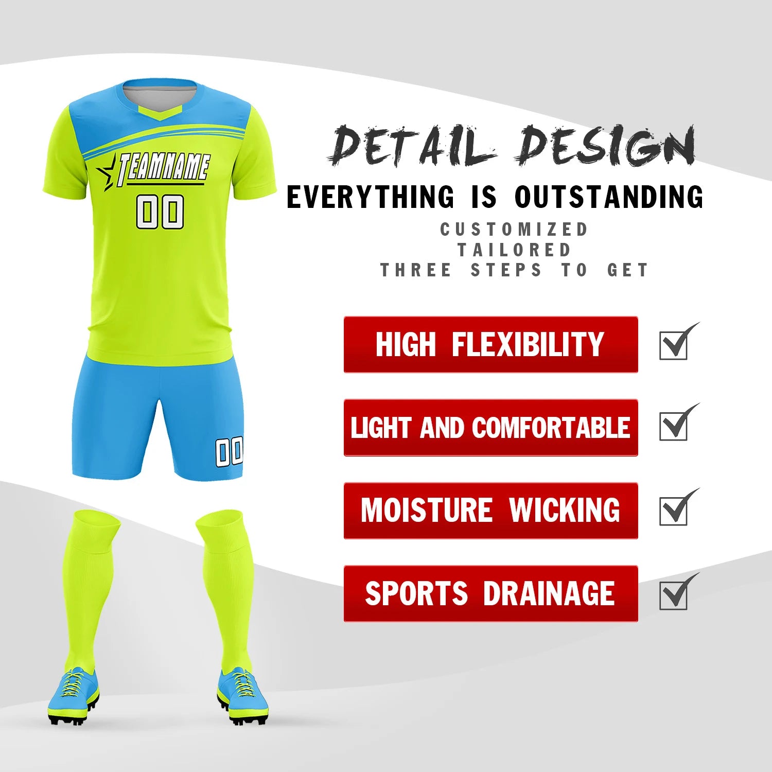 Custom Neon Green Powder Blue Personalized Men Soccer Sets Jersey