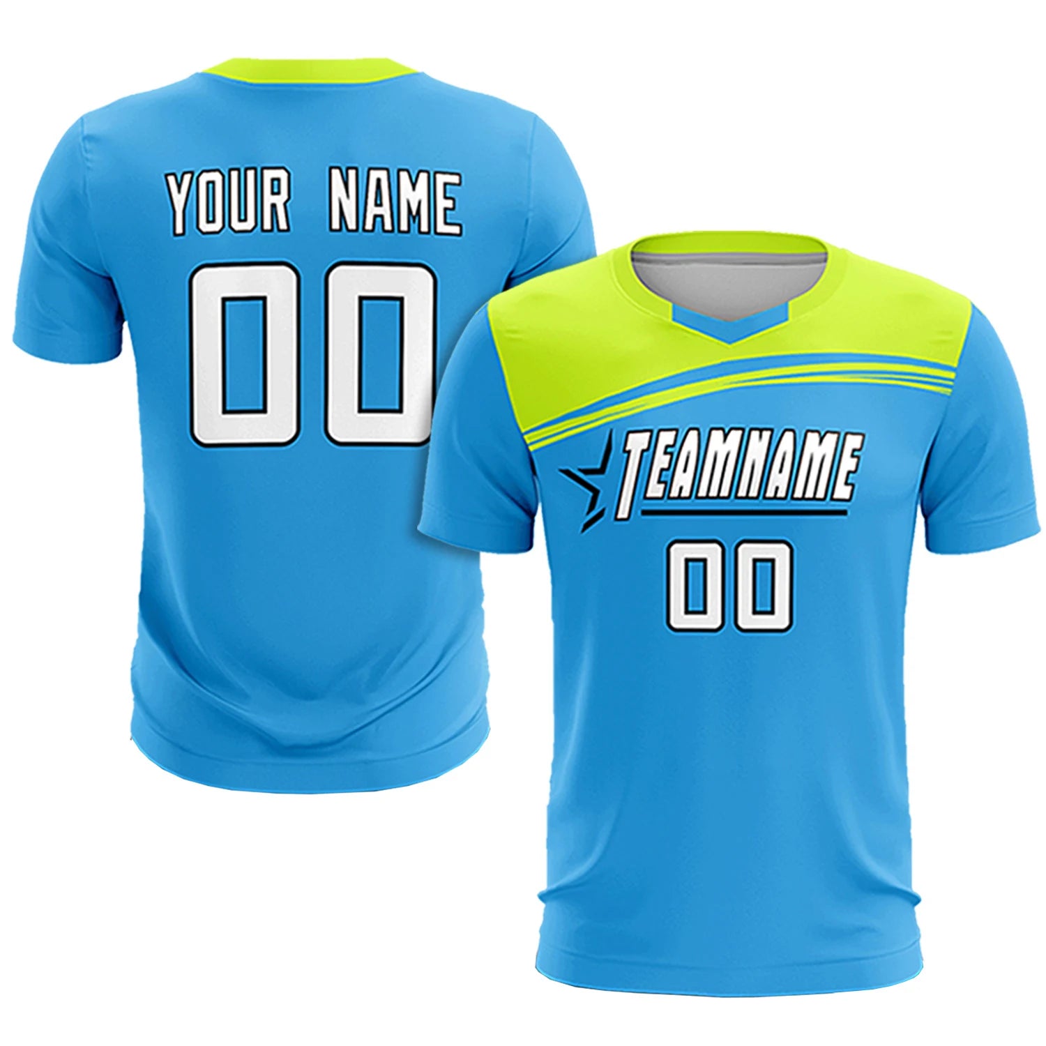 Custom Powder Blue Neon Green Personalized Men Soccer Sets Jersey