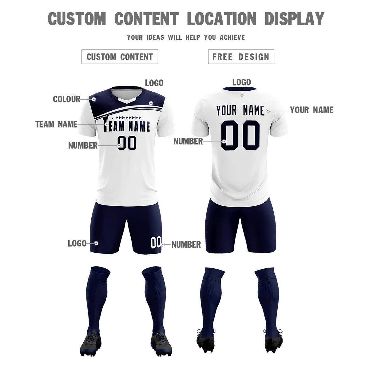 Custom White Navy Personalized Men Soccer Sets Jersey