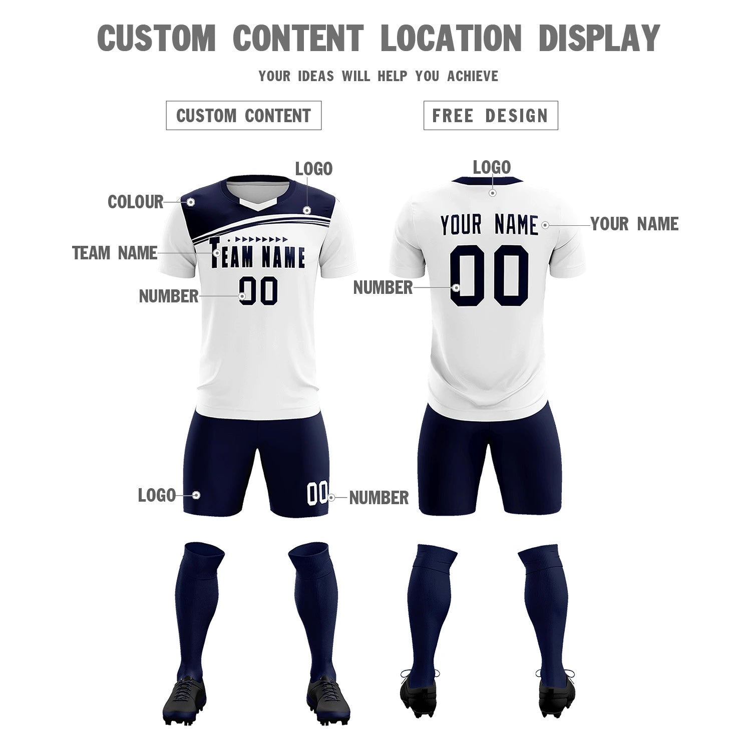 Custom White Navy Personalized Men Soccer Sets Jersey
