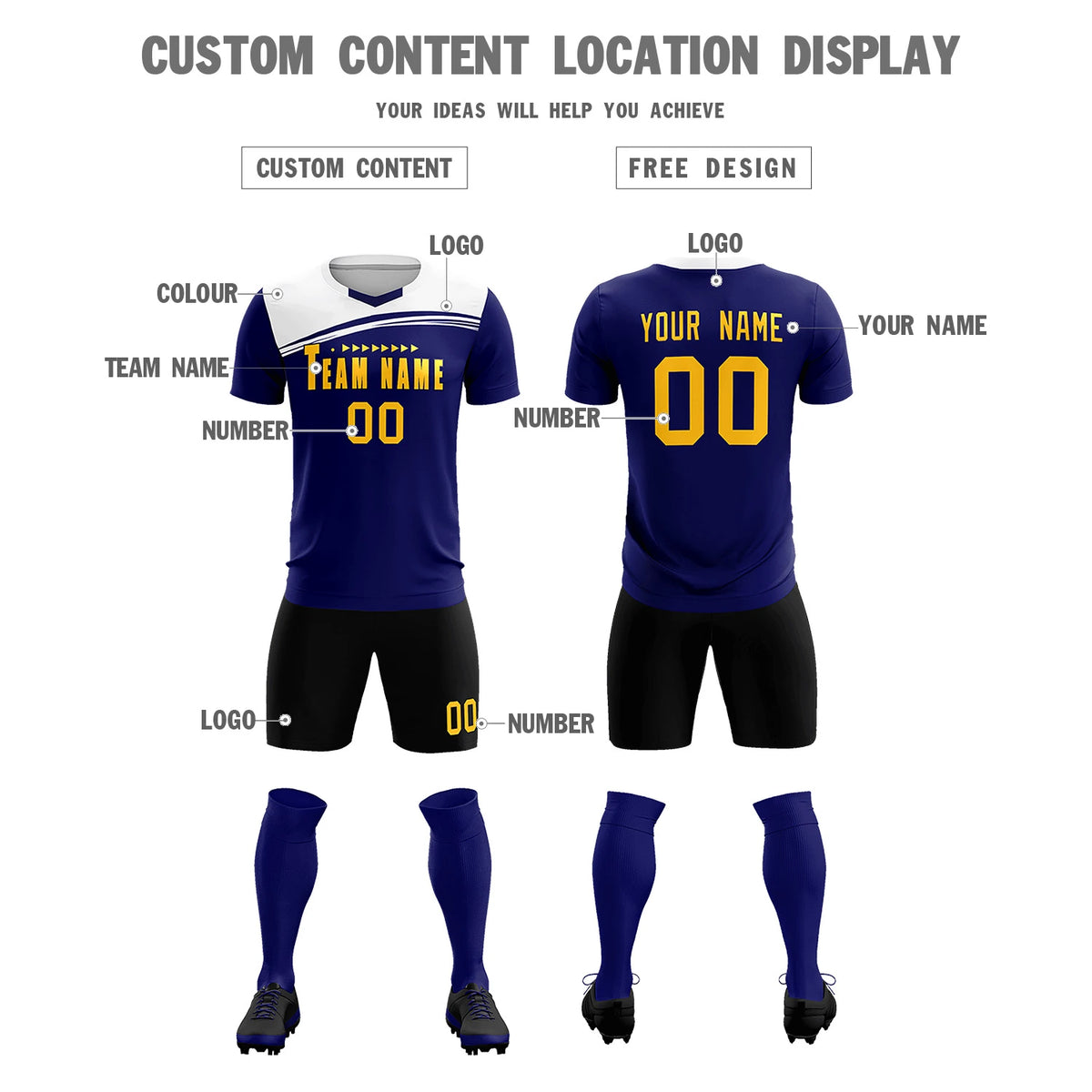Custom Royal Blue White Personalized Men Soccer Sets Jersey