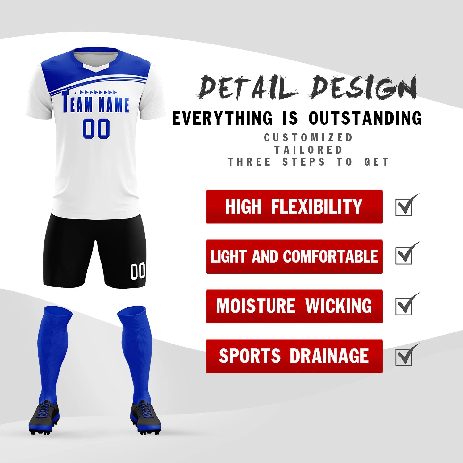 Custom White Royal Blue Personalized Men Soccer Sets Jersey