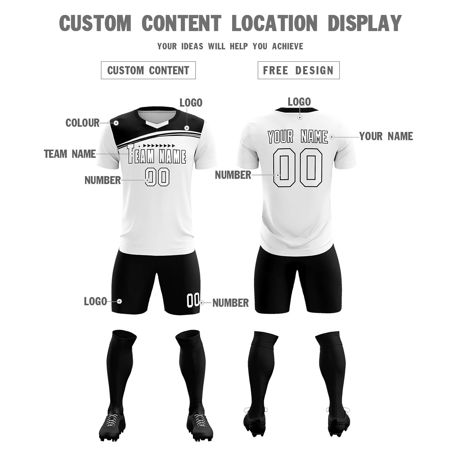 Custom White Black Personalized Men Soccer Sets Jersey