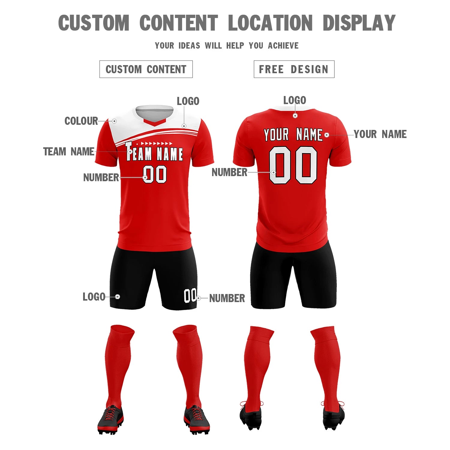 Custom Red White Personalized Men Soccer Sets Jersey