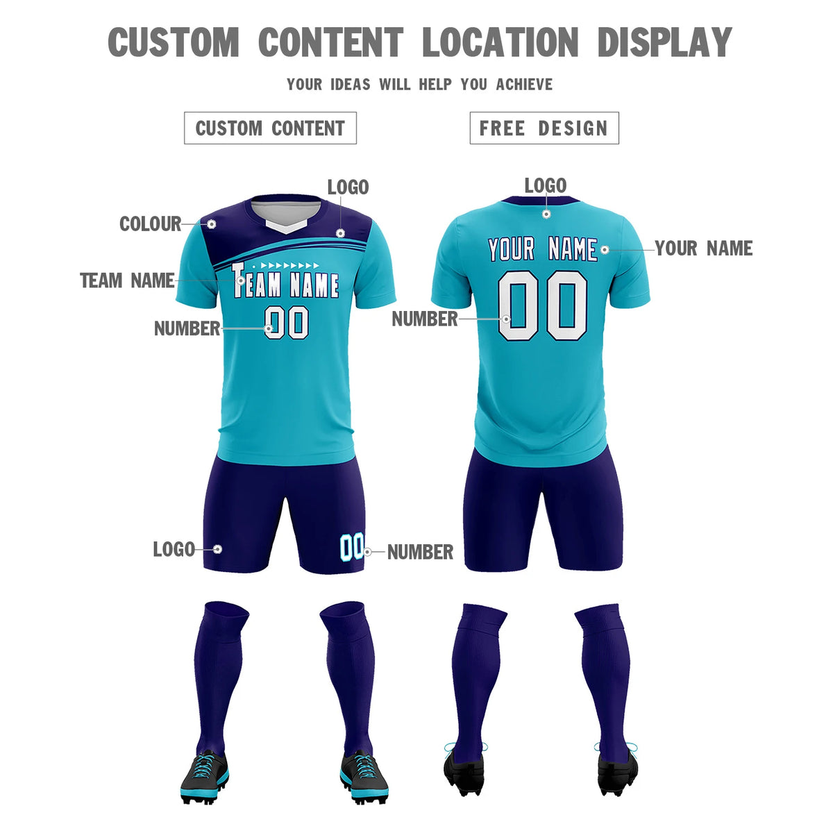 Custom Sky Blue Purple White Personalized Men Soccer Sets Jersey