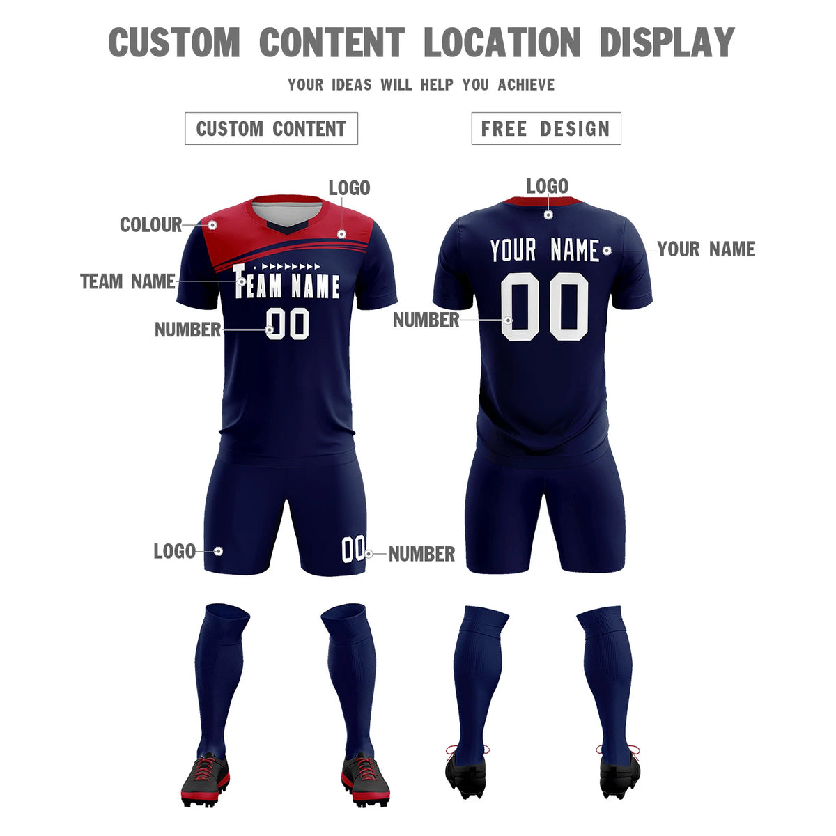 Custom Navy Red Personalized Men Soccer Sets Jersey