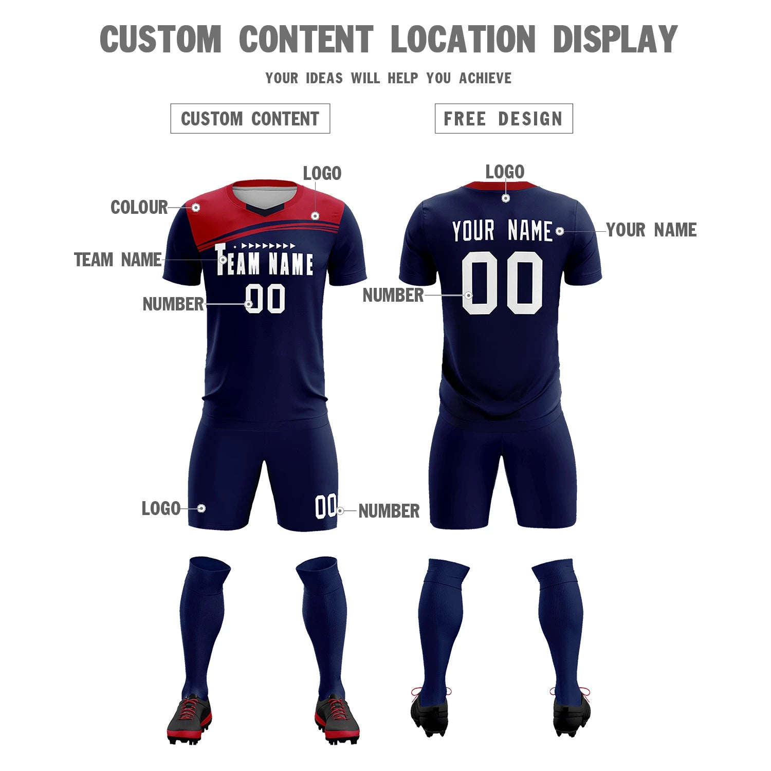 Custom Navy Red Personalized Men Soccer Sets Jersey