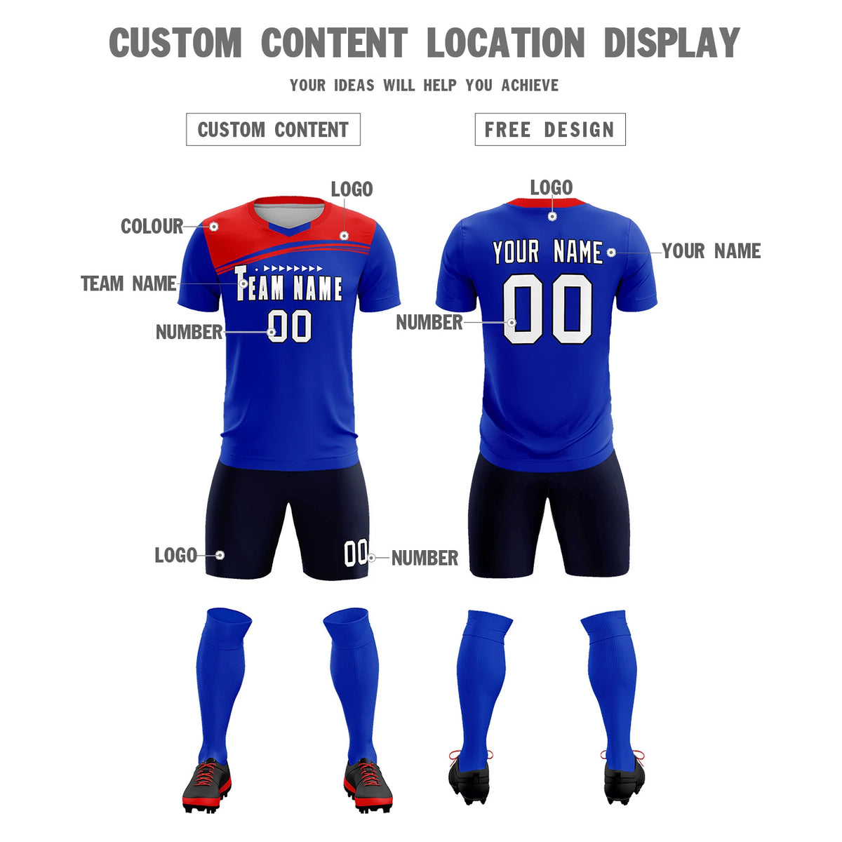 Custom Royal Blue Red Personalized Men Soccer Sets Jersey