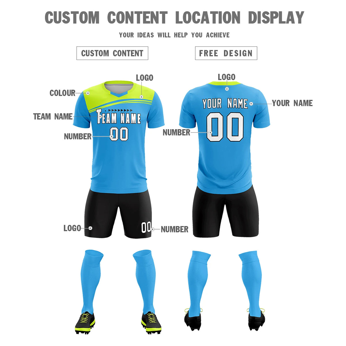 Custom Powder Blue Neon Green Personalized Men Soccer Sets Jersey