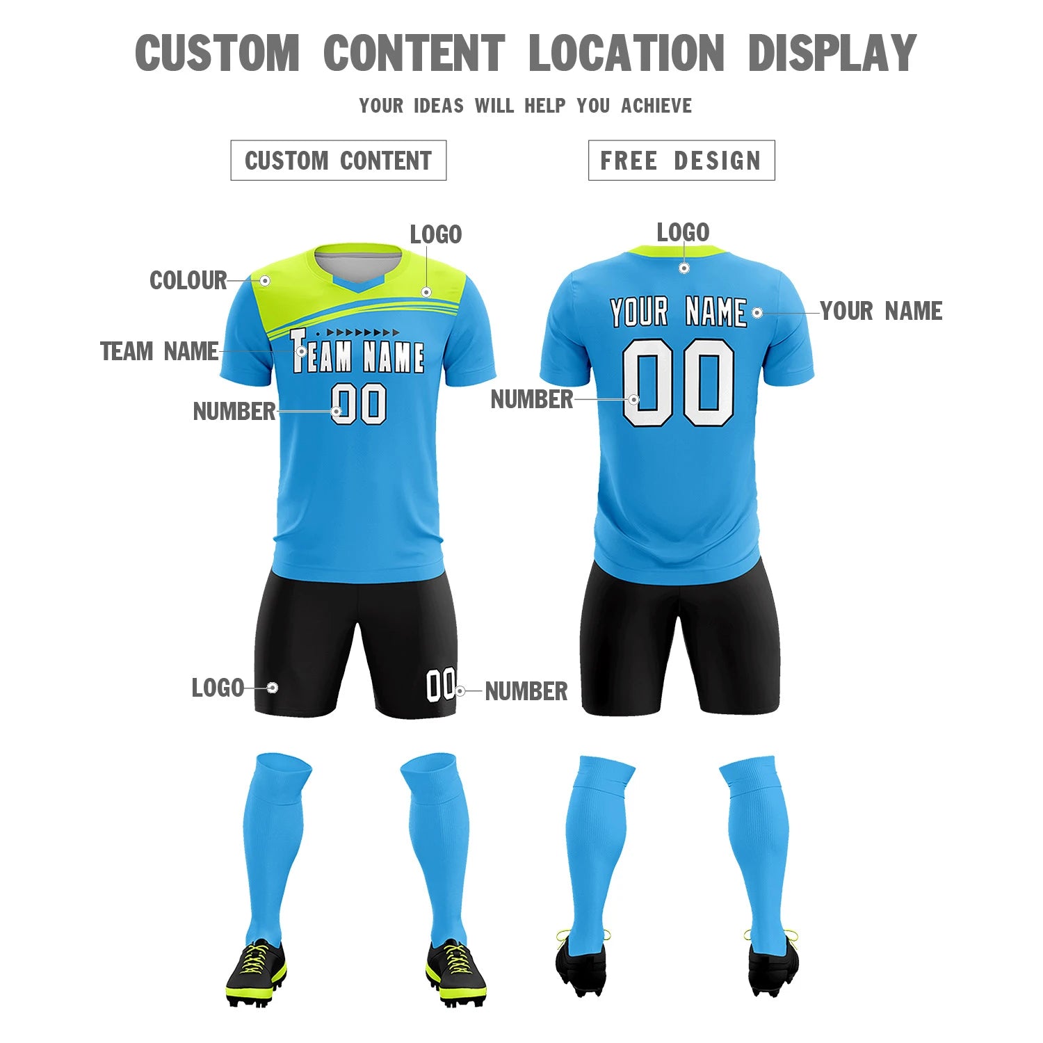 Custom Powder Blue Neon Green Personalized Men Soccer Sets Jersey