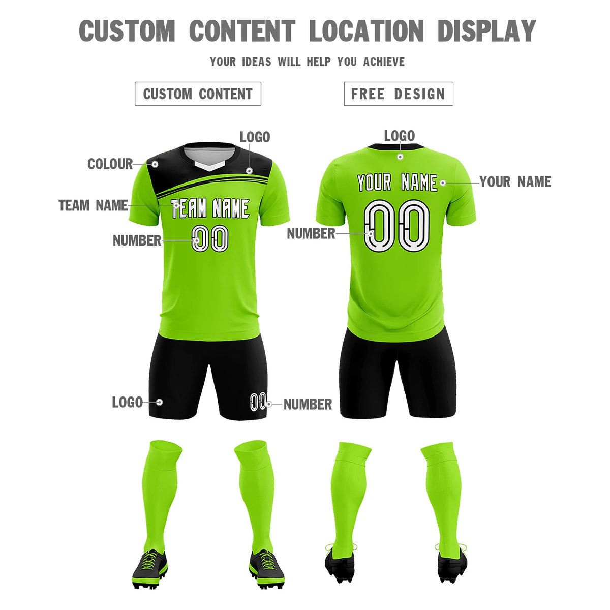 Custom Neon Green Black Personalized Men Soccer Sets Jersey