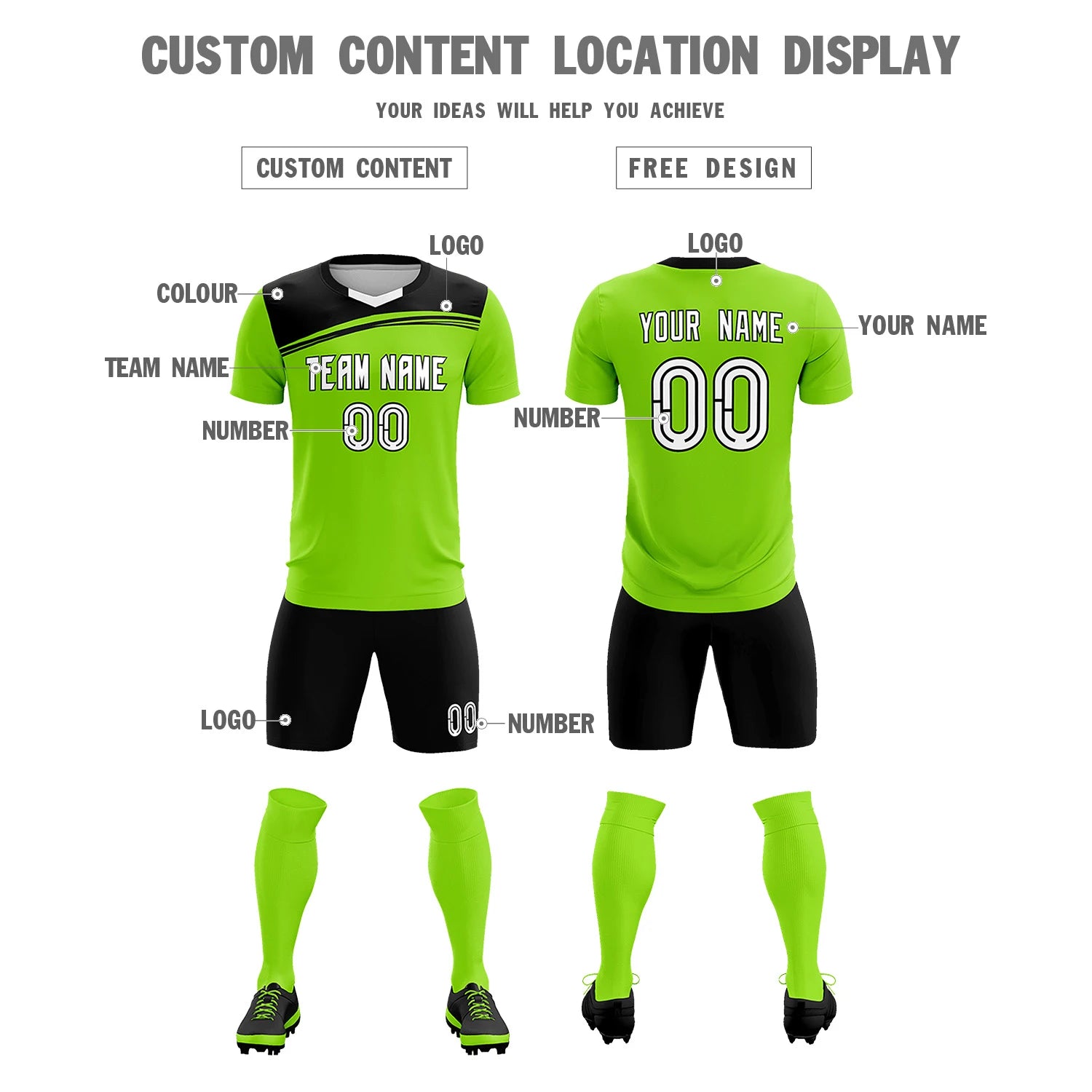 Custom Neon Green Black Personalized Men Soccer Sets Jersey