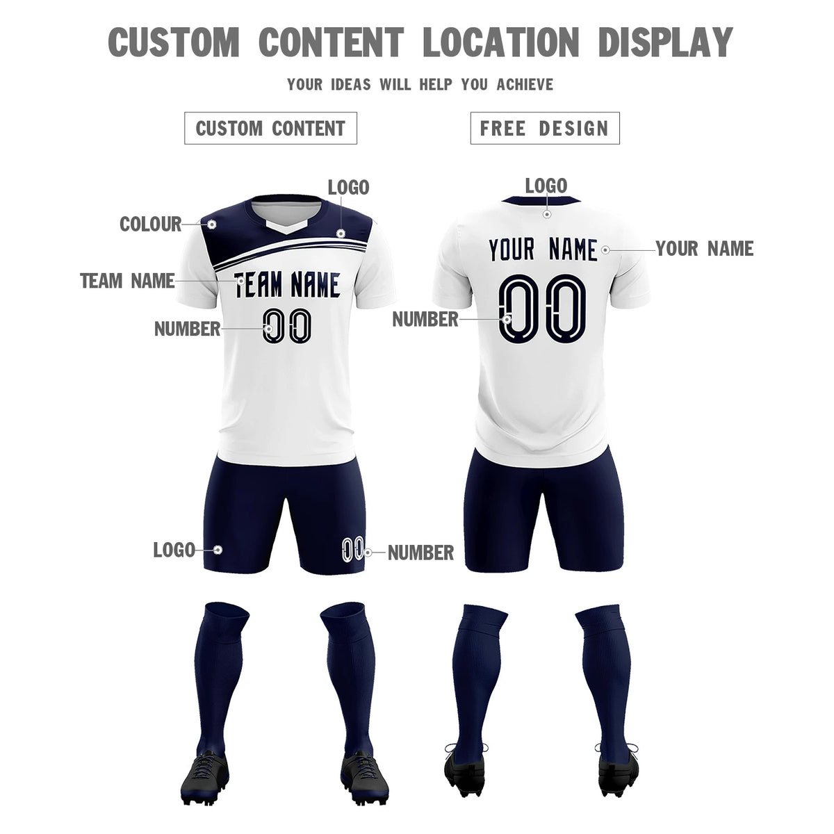 Custom White Navy Personalized Men Soccer Sets Jersey