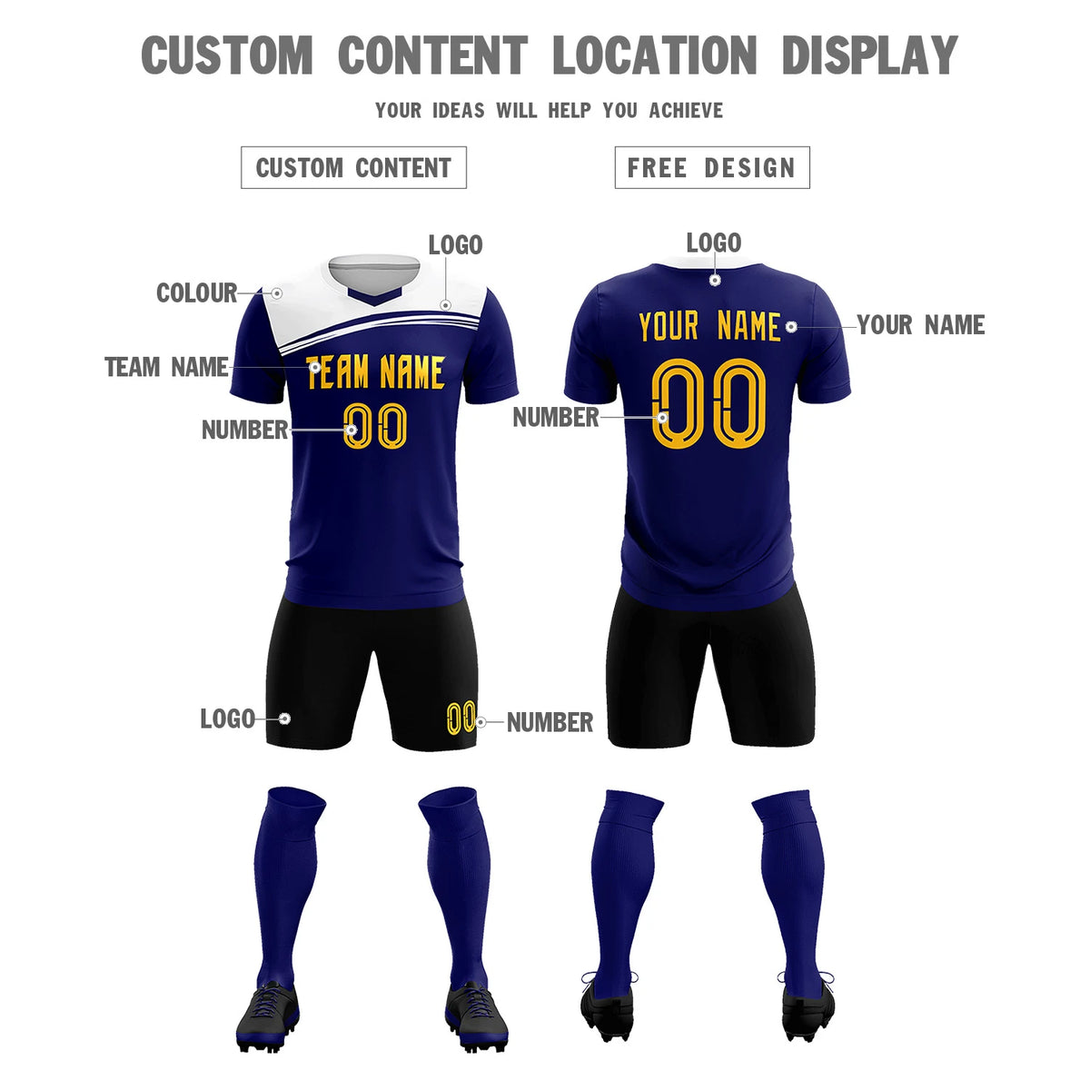 Custom Royal Blue White Personalized Men Soccer Sets Jersey