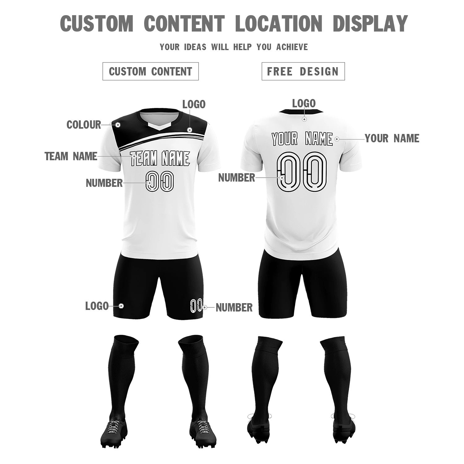 Custom White Black Personalized Men Soccer Sets Jersey