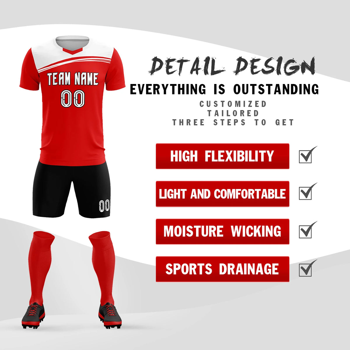 Custom Red White Personalized Men Soccer Sets Jersey
