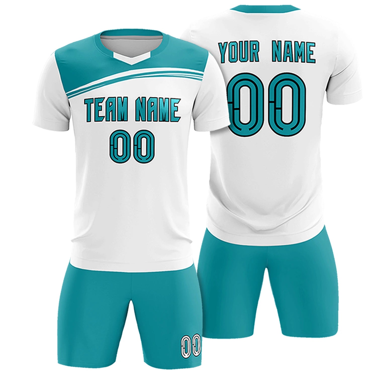 Custom White Aqua Personalized Men Soccer Sets Jersey