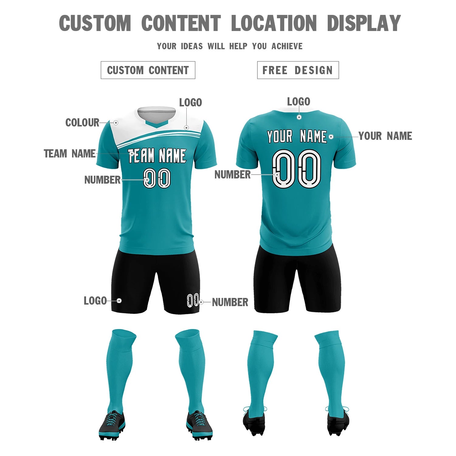 Custom Aqua White Personalized Men Soccer Sets Jersey