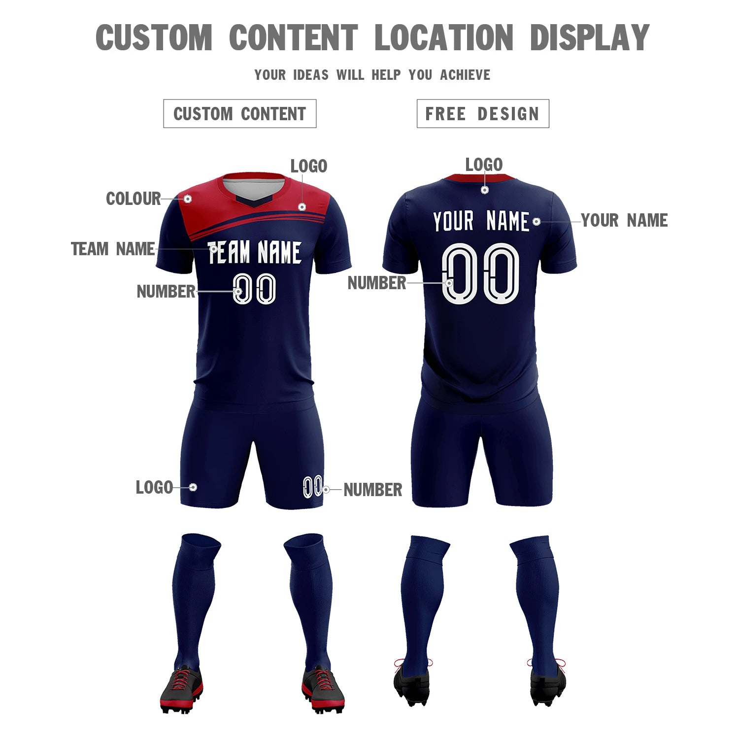 Custom Navy Red Personalized Men Soccer Sets Jersey
