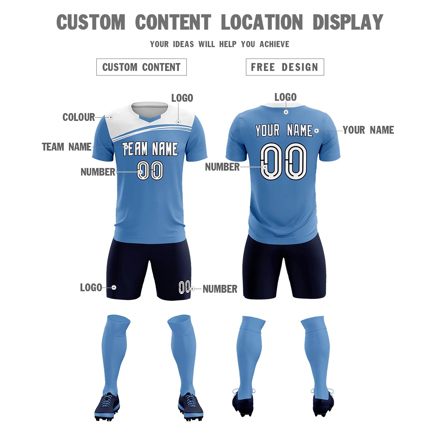 Custom Light Blue White Personalized Men Soccer Sets Jersey