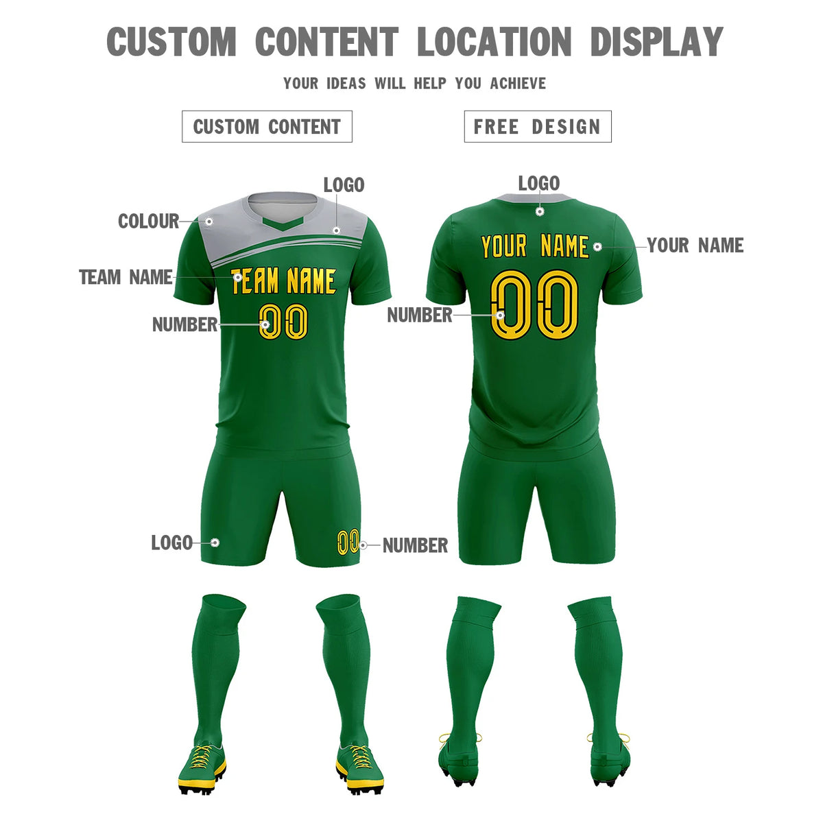 Custom Kelly Green Gray Personalized Men Soccer Sets Jersey