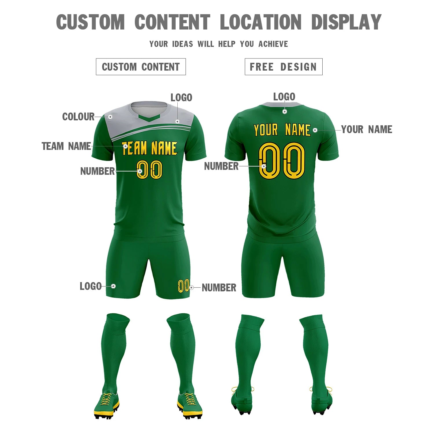 Custom Kelly Green Gray Personalized Men Soccer Sets Jersey