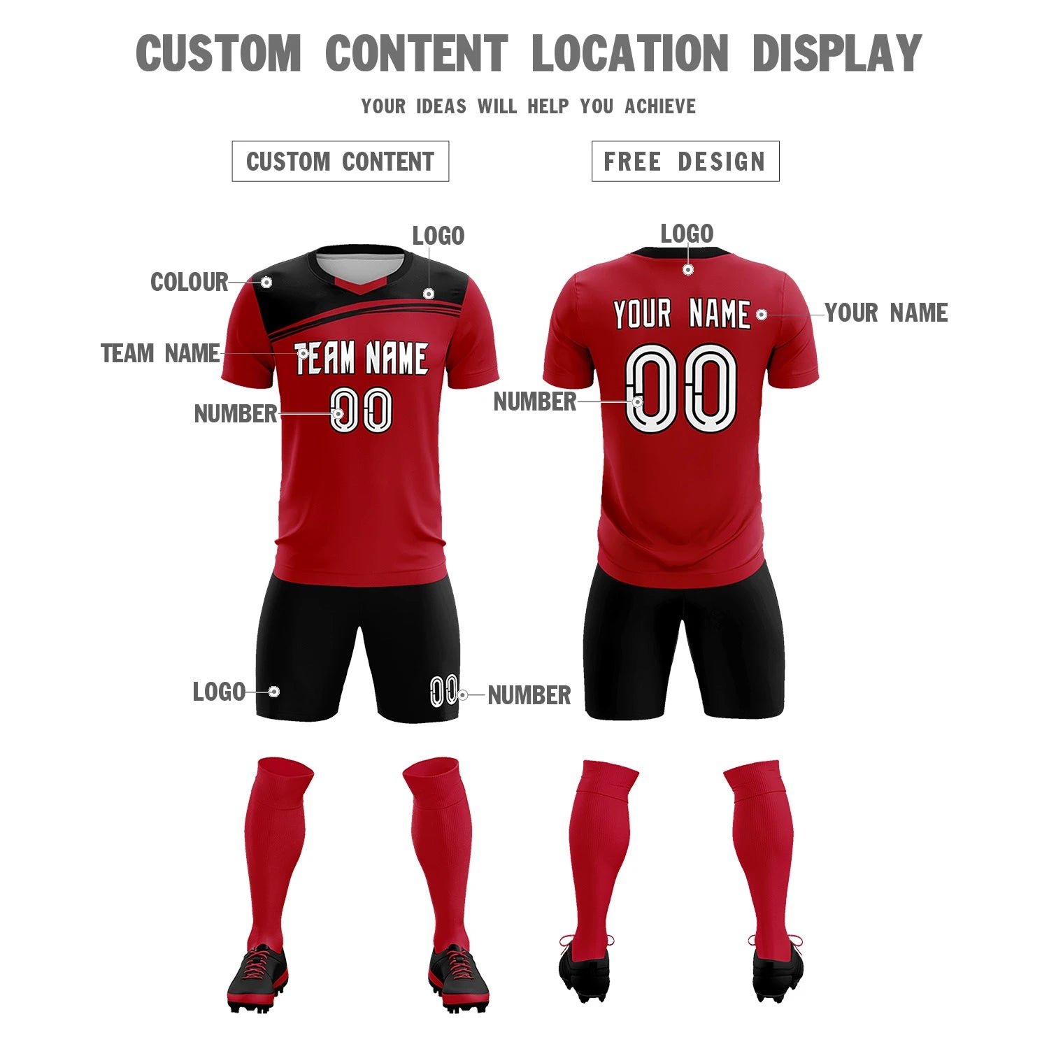 Custom Red Black Personalized Men Soccer Sets Jersey