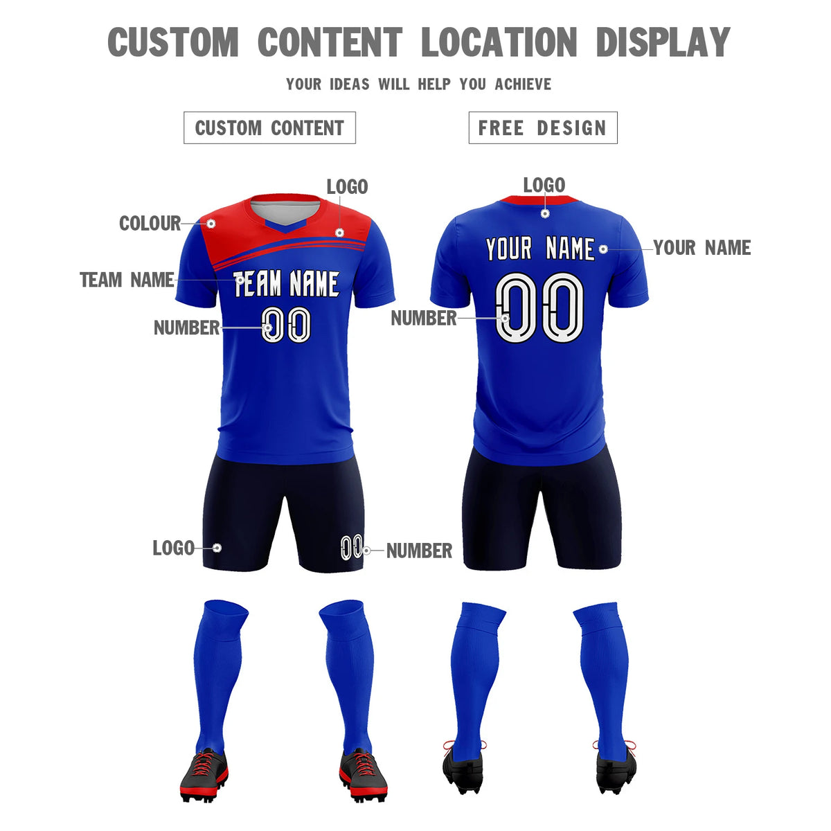 Custom Royal Blue Red Personalized Men Soccer Sets Jersey