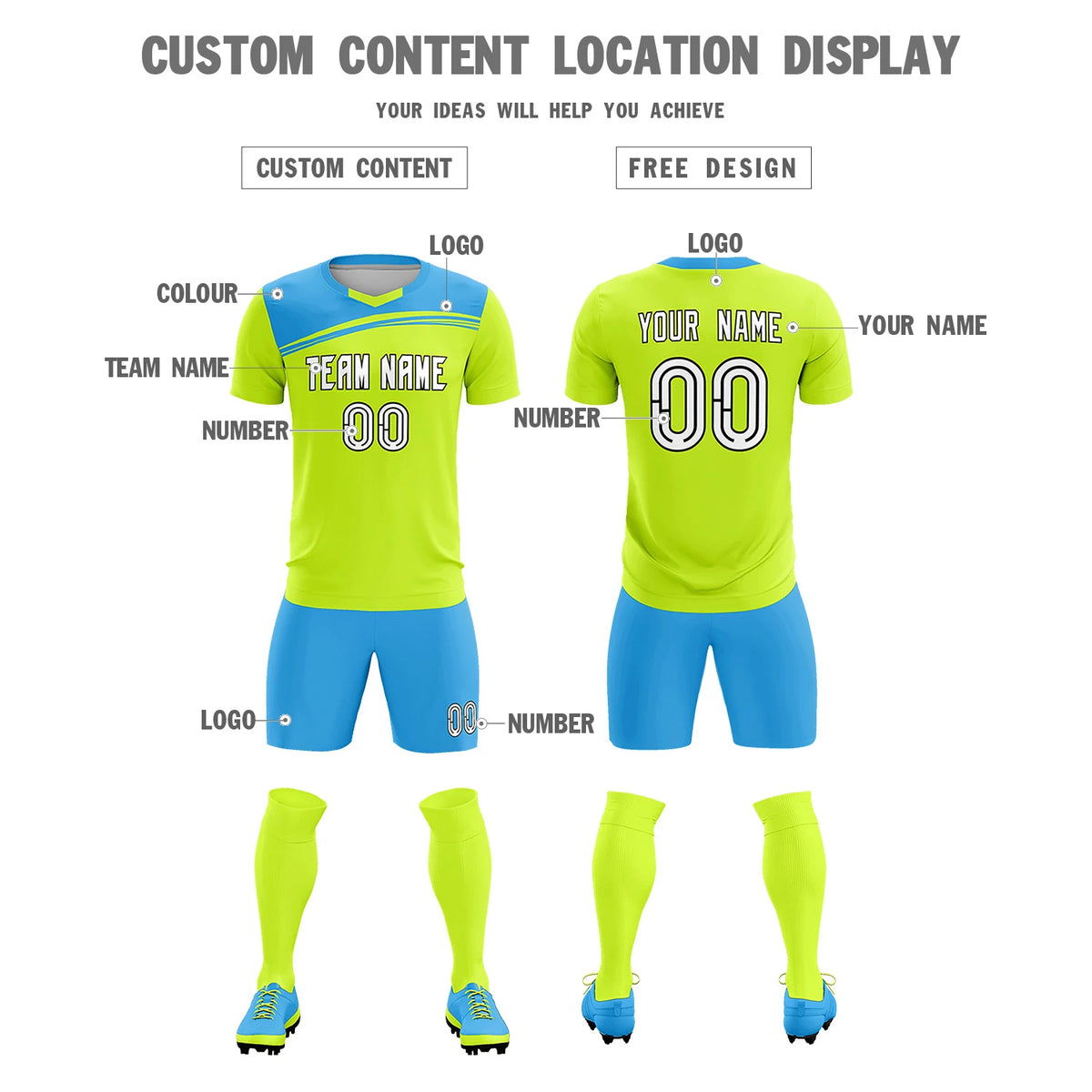 Custom Neon Green Powder Blue Personalized Men Soccer Sets Jersey