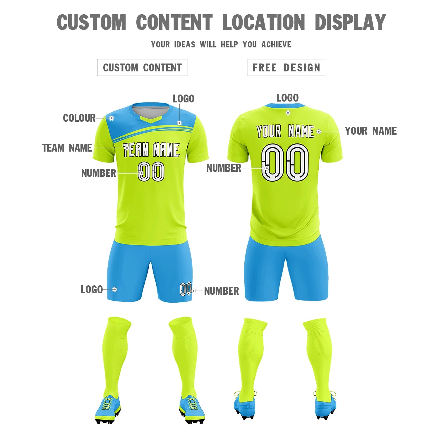 Custom Neon Green Powder Blue Personalized Men Soccer Sets Jersey