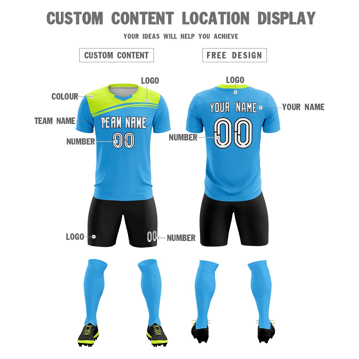 Custom Powder Blue Neon Green Personalized Men Soccer Sets Jersey