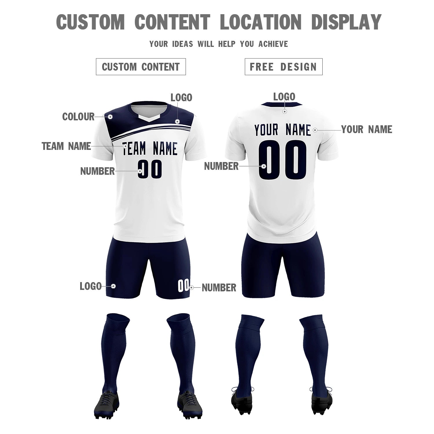Custom White Navy Personalized Men Soccer Sets Jersey