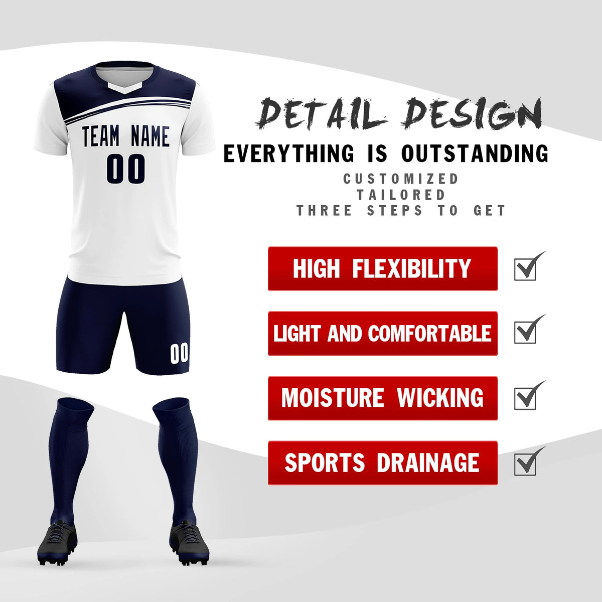 Custom White Navy Personalized Men Soccer Sets Jersey