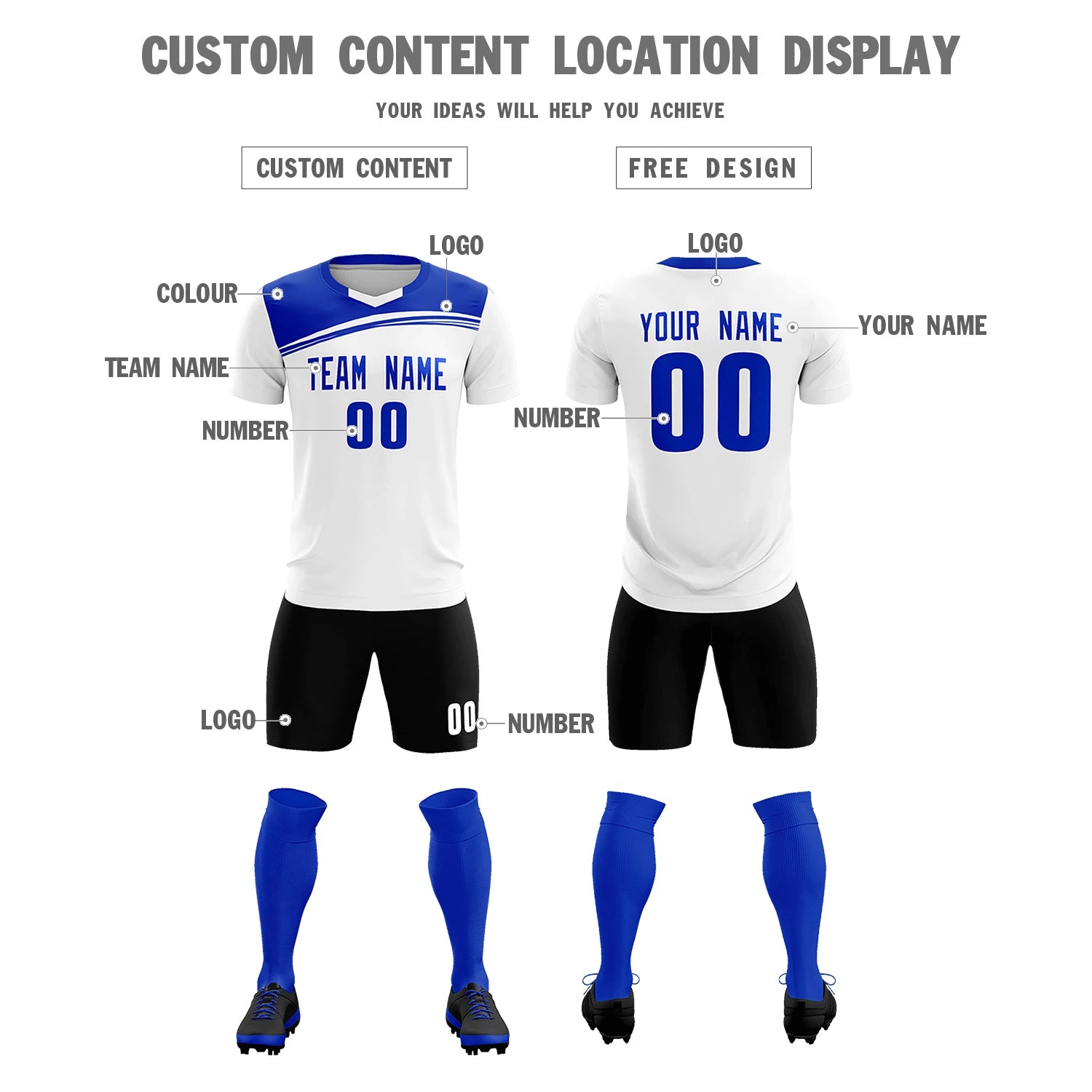 Custom White Royal Blue Personalized Men Soccer Sets Jersey