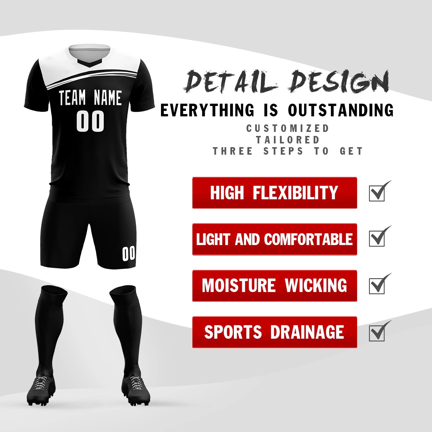 Custom Black White Personalized Men Soccer Sets Jersey