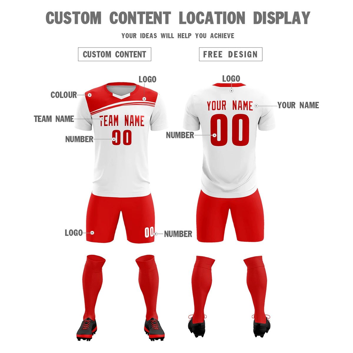 Custom White Red Personalized Men Soccer Sets Jersey