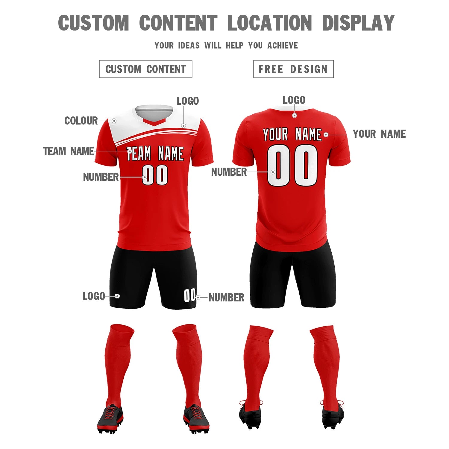 Custom Red White Personalized Men Soccer Sets Jersey