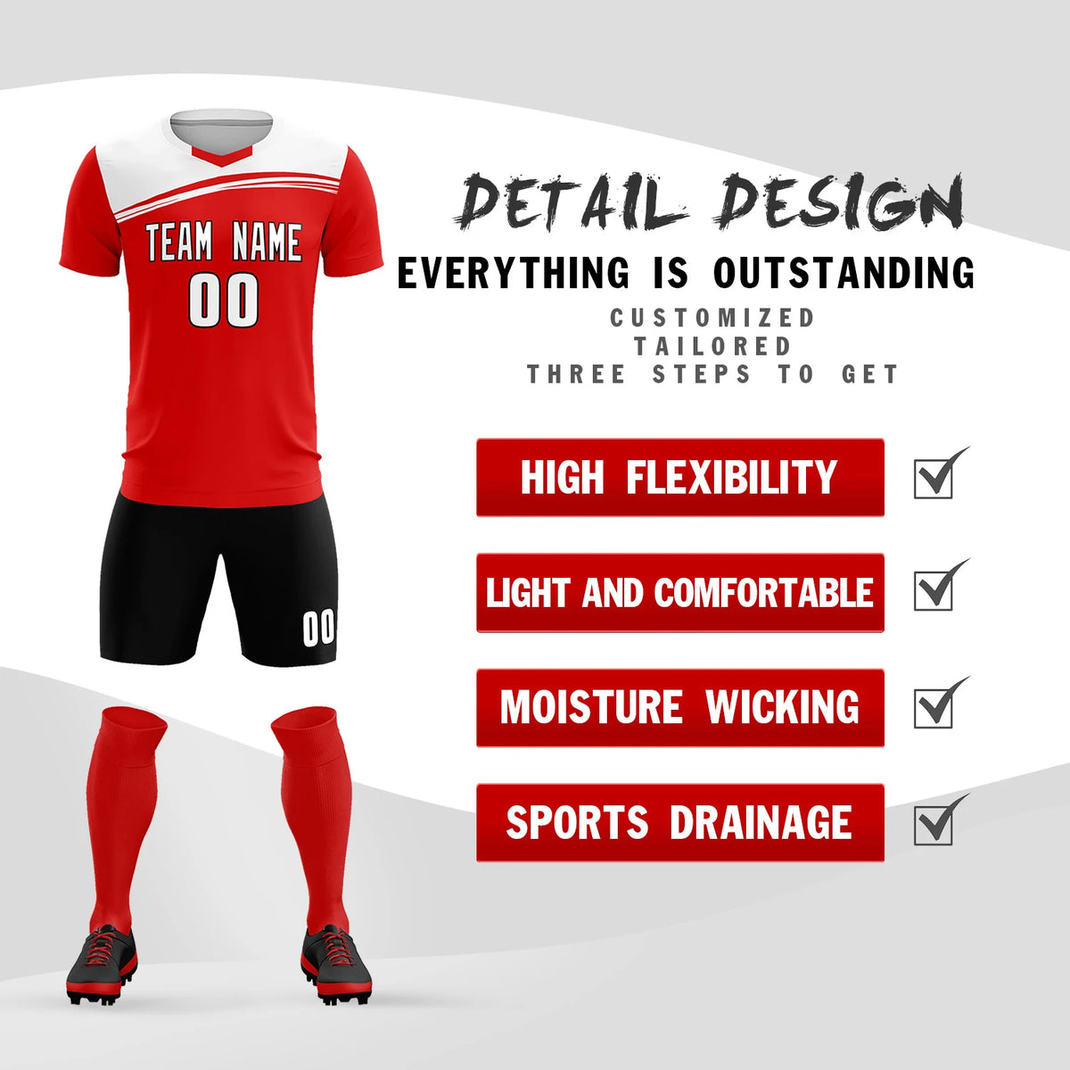 Custom Red White Personalized Men Soccer Sets Jersey