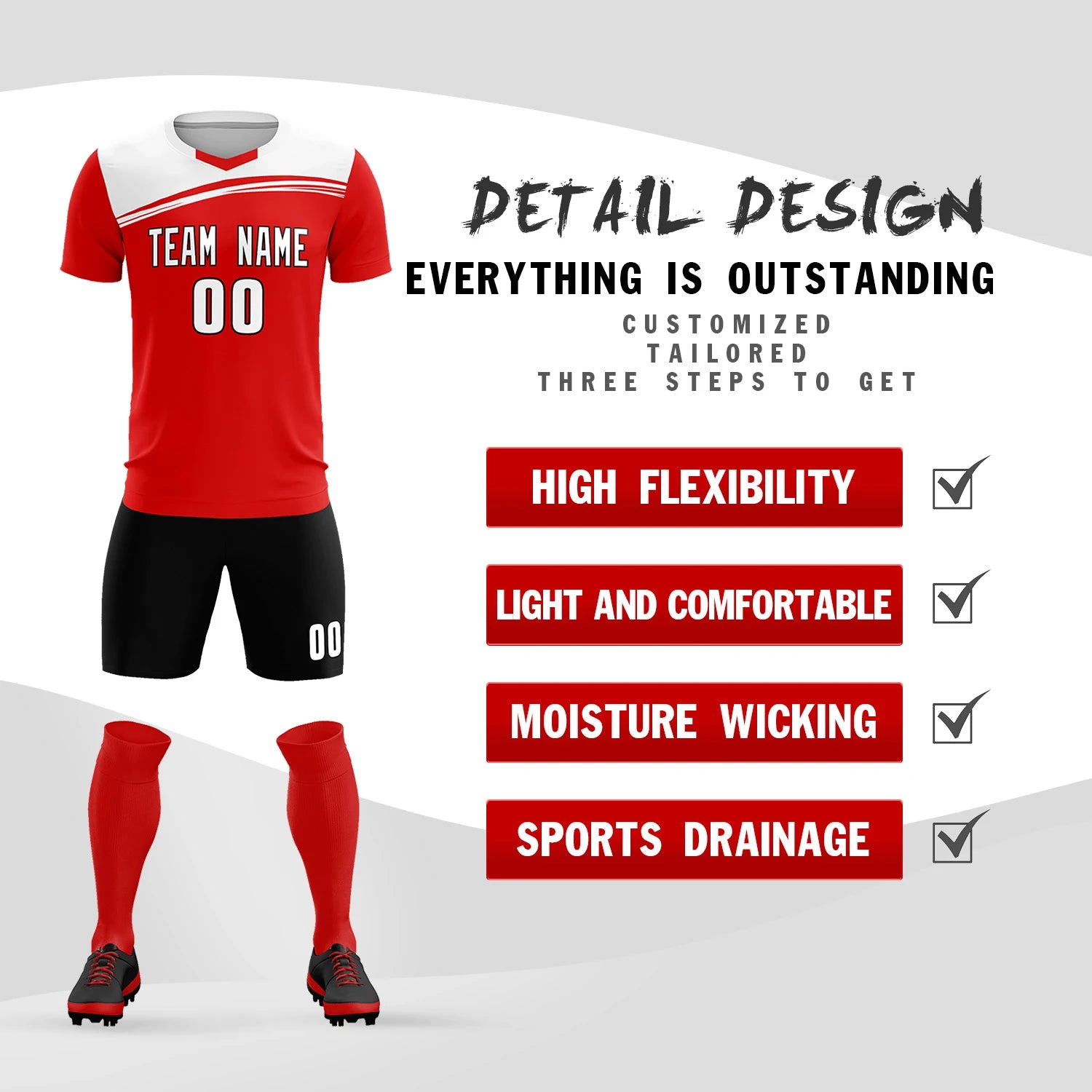 Custom Red White Personalized Men Soccer Sets Jersey